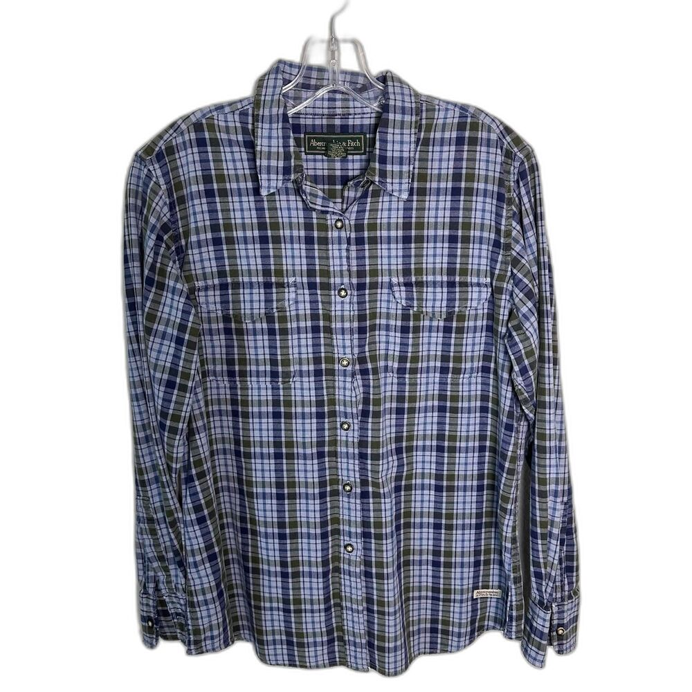 Abercrombie & Fitch Vintage Plaid Shirt Mens L Blue Green Cotton Button Up